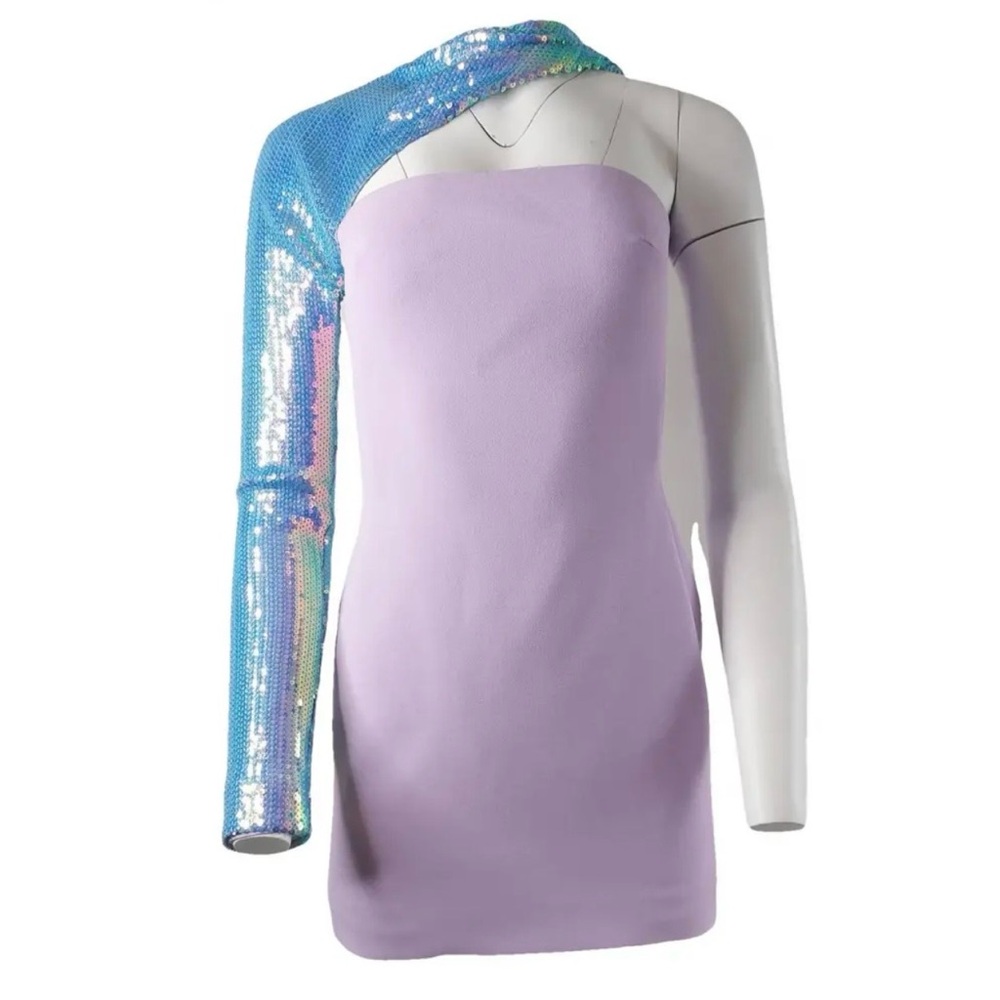Chic Lavender One-Shoulder Dress with Sequin Sleeve